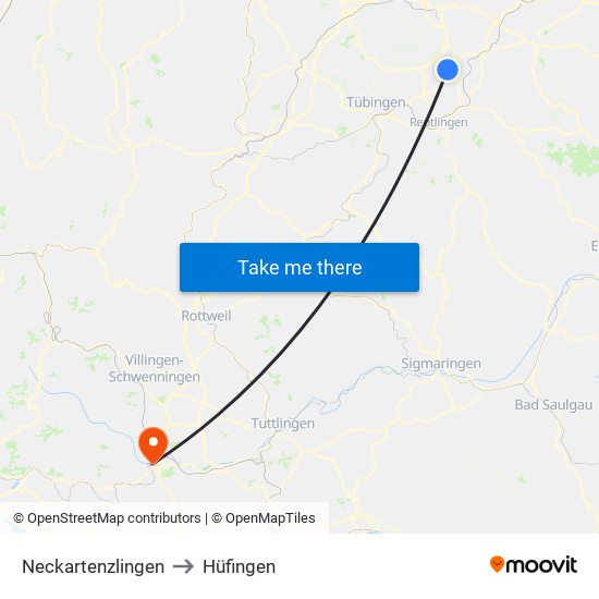 Neckartenzlingen to Hüfingen map