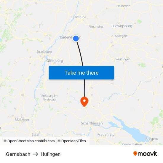Gernsbach to Hüfingen map