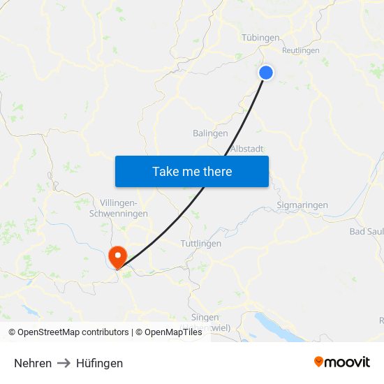 Nehren to Hüfingen map