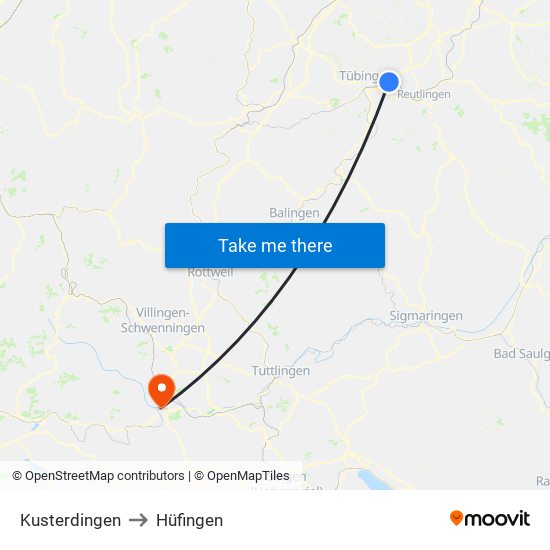 Kusterdingen to Hüfingen map