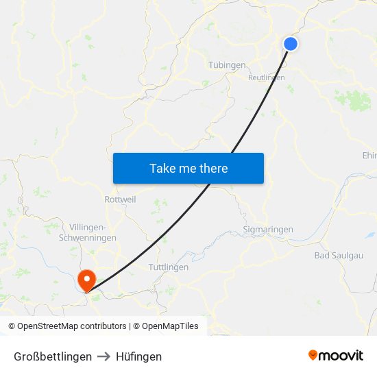 Großbettlingen to Hüfingen map