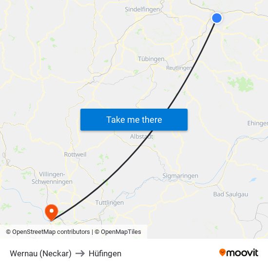 Wernau (Neckar) to Hüfingen map