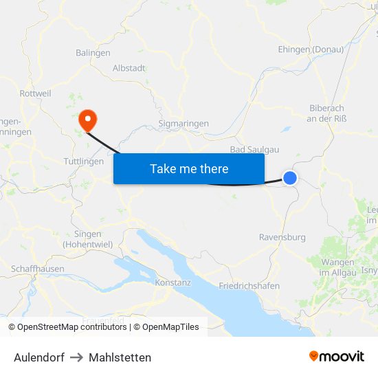 Aulendorf to Mahlstetten map