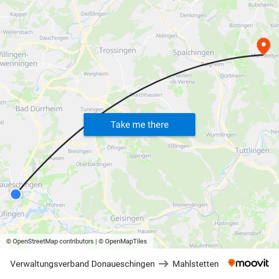Verwaltungsverband Donaueschingen to Mahlstetten map