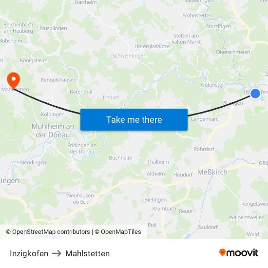 Inzigkofen to Mahlstetten map