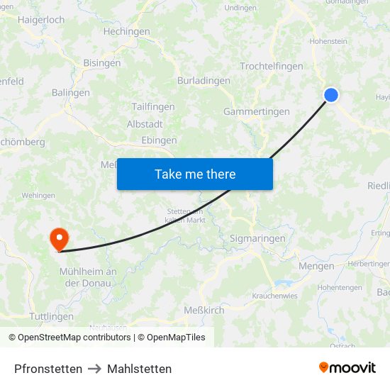 Pfronstetten to Mahlstetten map