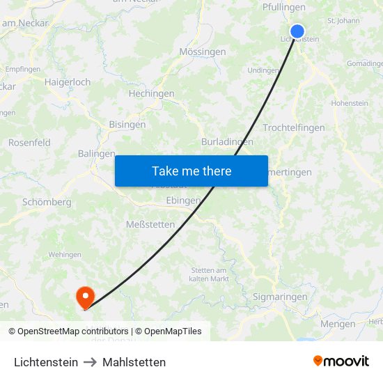 Lichtenstein to Mahlstetten map