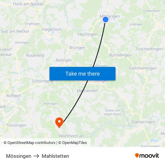 Mössingen to Mahlstetten map