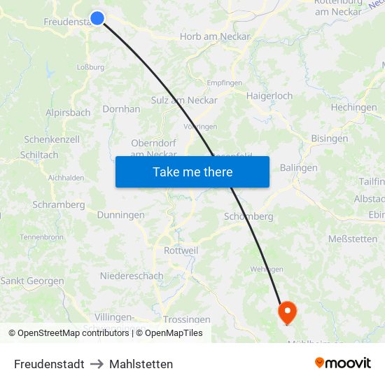 Freudenstadt to Mahlstetten map