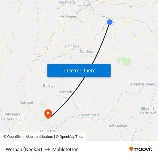 Wernau (Neckar) to Mahlstetten map