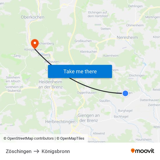 Zöschingen to Königsbronn map
