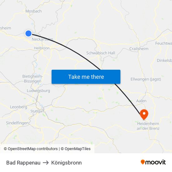 Bad Rappenau to Königsbronn map