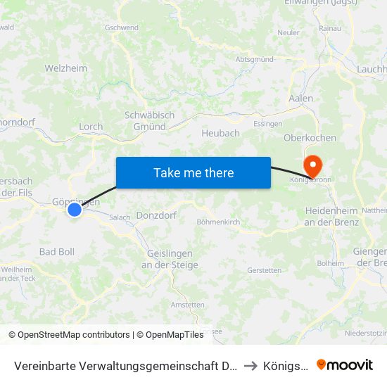 Vereinbarte Verwaltungsgemeinschaft Der Stadt Göppingen to Königsbronn map