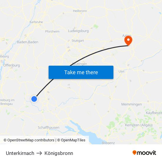 Unterkirnach to Königsbronn map