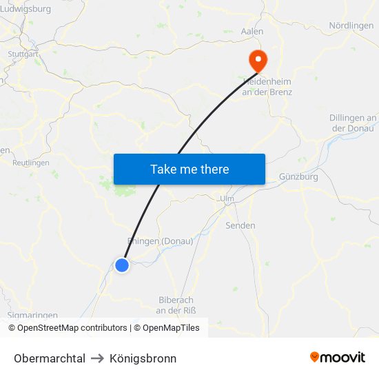 Obermarchtal to Königsbronn map