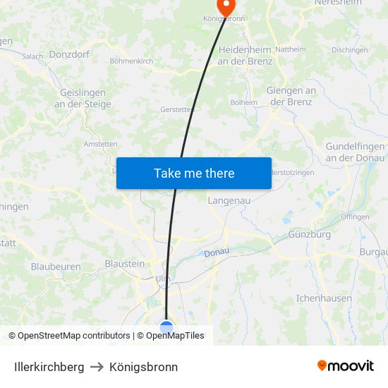 Illerkirchberg to Königsbronn map