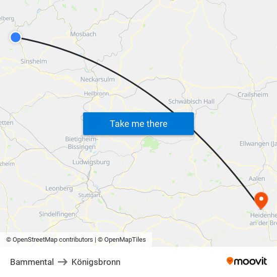 Bammental to Königsbronn map