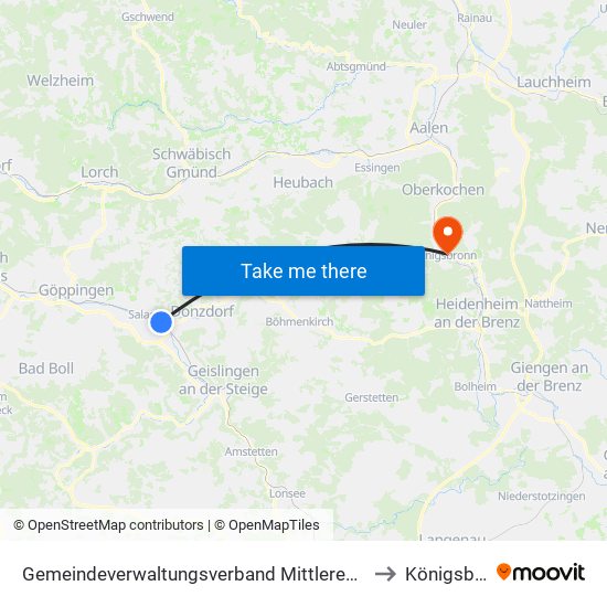 Gemeindeverwaltungsverband Mittleres Fils-Lautertal to Königsbronn map