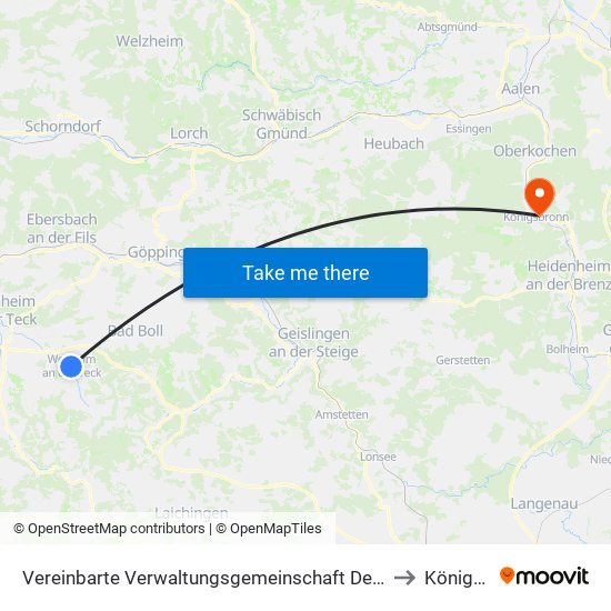 Vereinbarte Verwaltungsgemeinschaft Der Stadt Weilheim An Der Teck to Königsbronn map