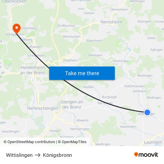Wittislingen to Königsbronn map