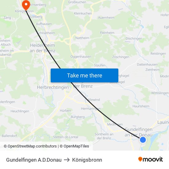 Gundelfingen A.D.Donau to Königsbronn map