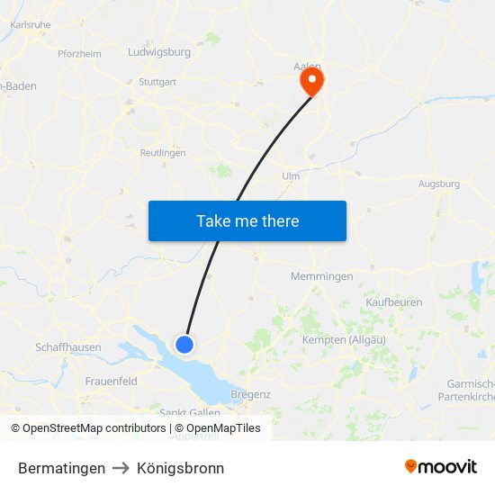 Bermatingen to Königsbronn map