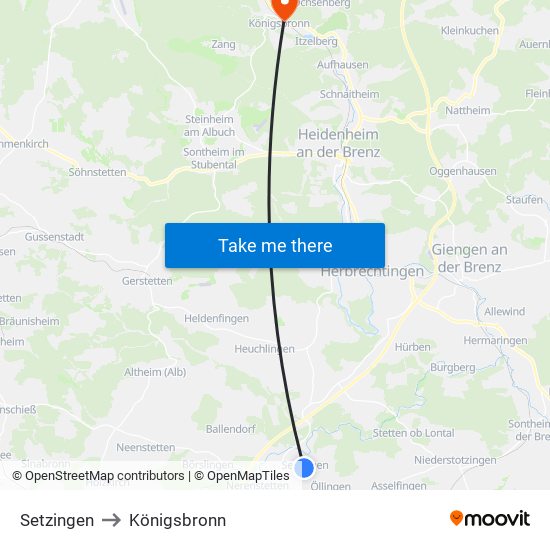 Setzingen to Königsbronn map