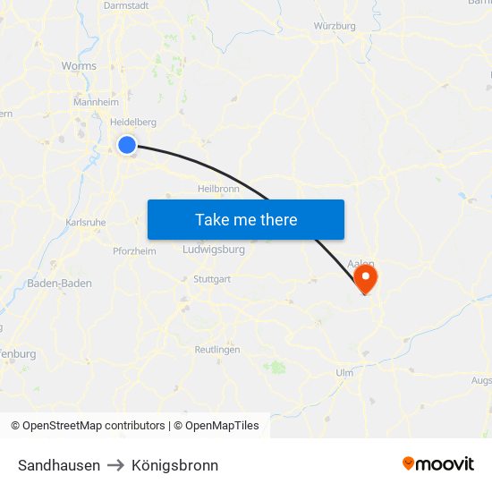 Sandhausen to Königsbronn map