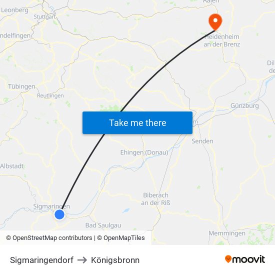 Sigmaringendorf to Königsbronn map