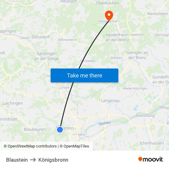 Blaustein to Königsbronn map
