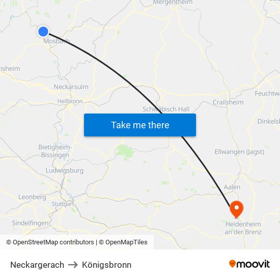 Neckargerach to Königsbronn map