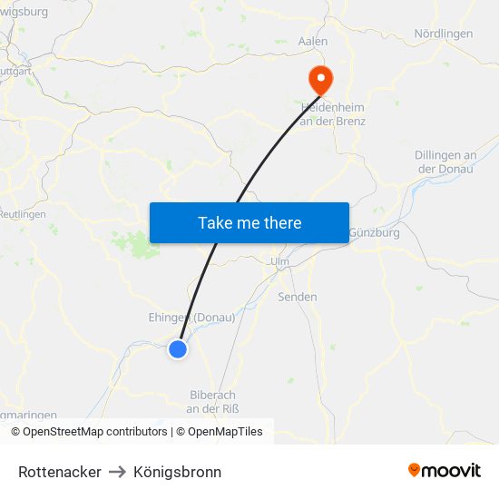 Rottenacker to Königsbronn map