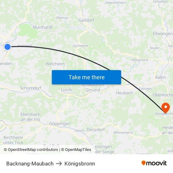 Backnang-Maubach to Königsbronn map