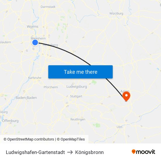 Ludwigshafen-Gartenstadt to Königsbronn map