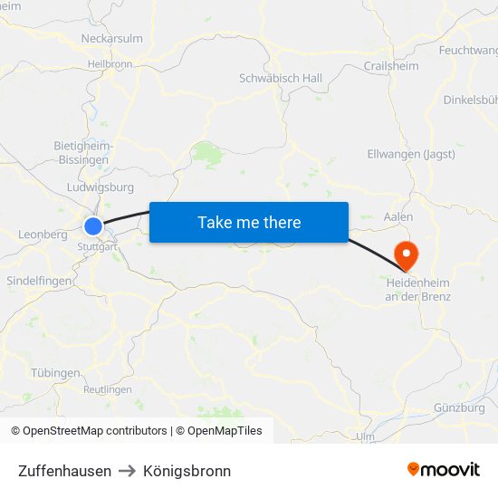 Zuffenhausen to Königsbronn map
