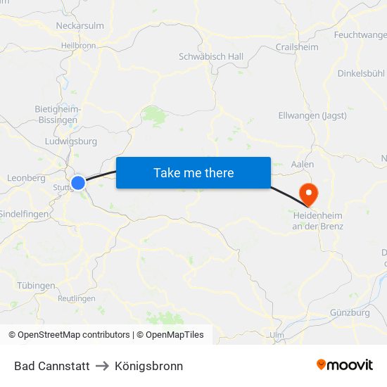 Bad Cannstatt to Königsbronn map