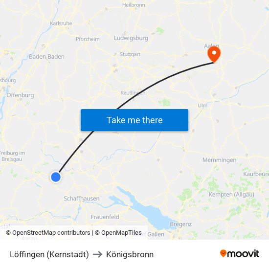 Löffingen (Kernstadt) to Königsbronn map