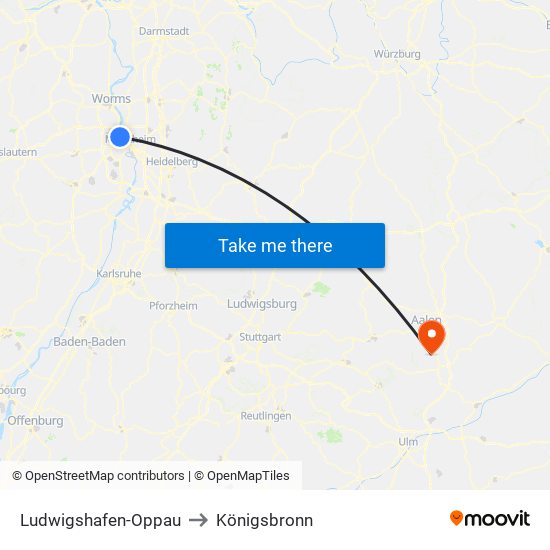 Ludwigshafen-Oppau to Königsbronn map