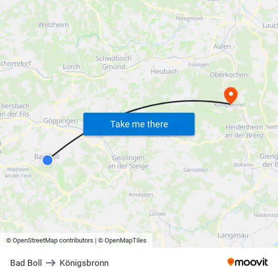 Bad Boll to Königsbronn map