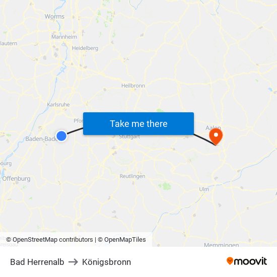 Bad Herrenalb to Königsbronn map