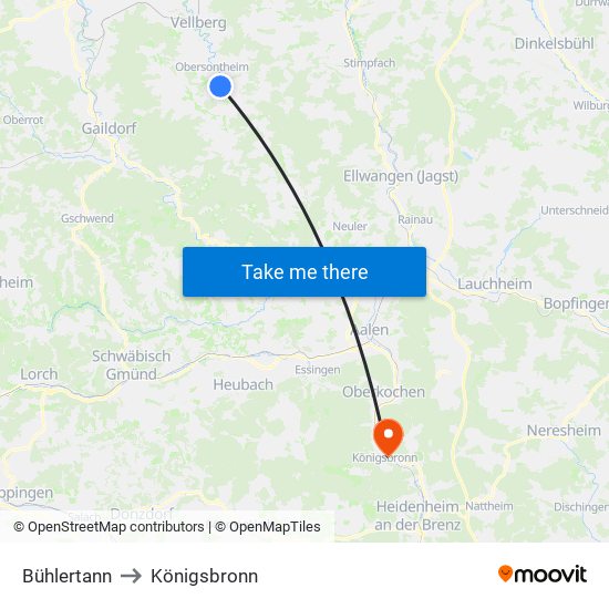 Bühlertann to Königsbronn map