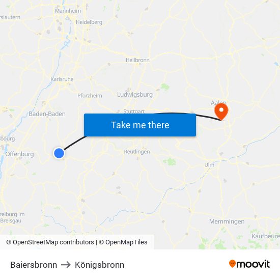 Baiersbronn to Königsbronn map