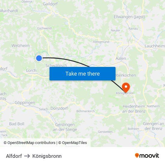 Alfdorf to Königsbronn map