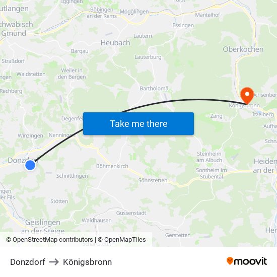 Donzdorf to Königsbronn map