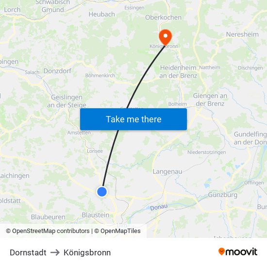 Dornstadt to Königsbronn map