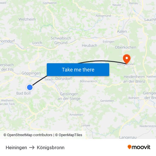 Heiningen to Königsbronn map