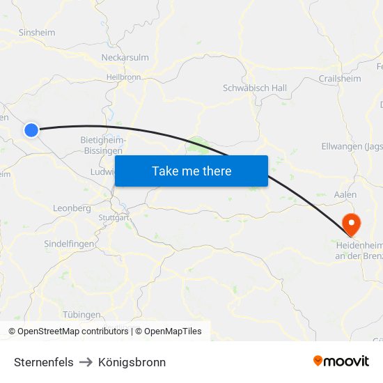 Sternenfels to Königsbronn map