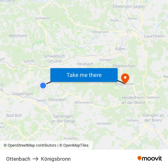 Ottenbach to Königsbronn map