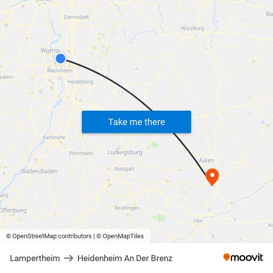 Lampertheim to Heidenheim An Der Brenz map