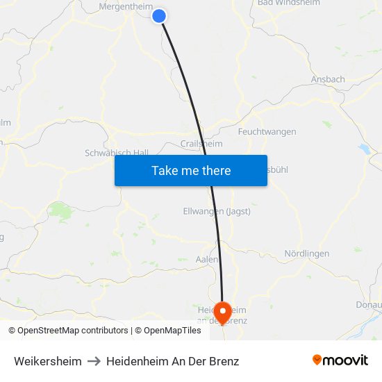 Weikersheim to Heidenheim An Der Brenz map